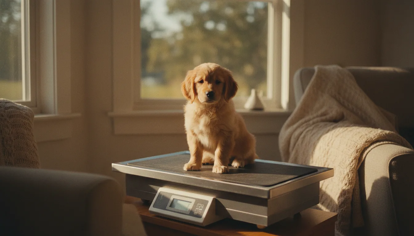 A golden retriever puppy sitting on a veterinary weighing scale
